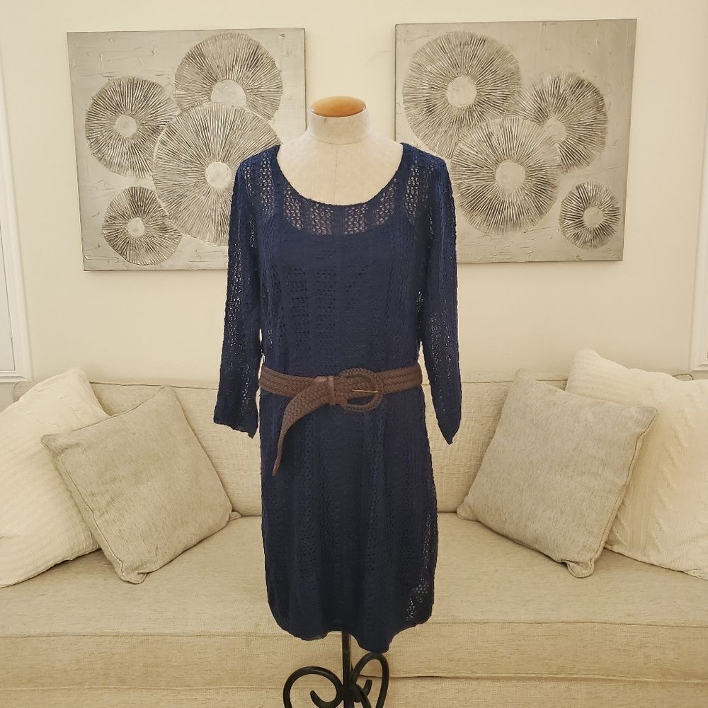 NEW! Maurices Belted Crochet 3/4 Sleeve Dress - size 1X in Blue.